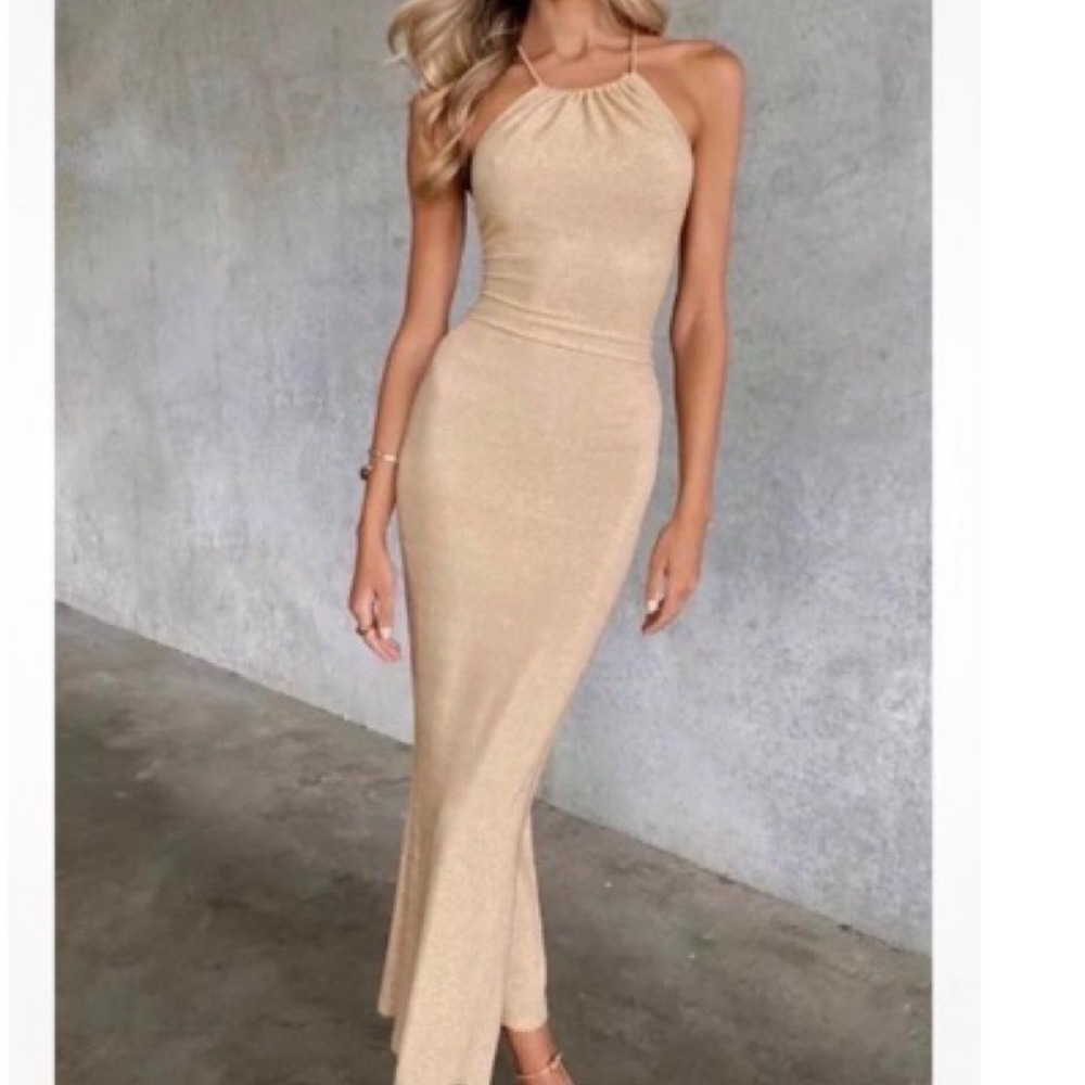 MISHA Greta Champagne Metallic Halter Lace Up Back Maxi Dress Gown US 2